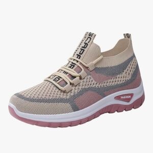 Women's Cream and Pink Sneakers for Walking, Jogging Slip-On Knit Mesh Comfort